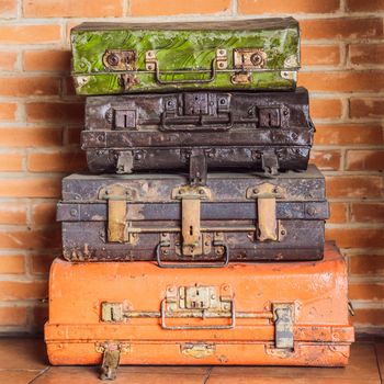 Collage of retro travel suitcases. Set of old suitcases. Brown and black retro suitcase. Vintage baggage. Vintage travel bags.