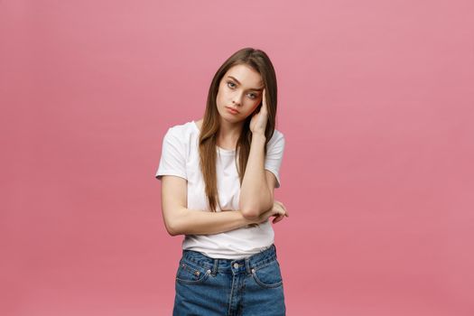 girl suffers from terrible headaches and compresses the head with fingers. Forget and remember something, suffer from illness.