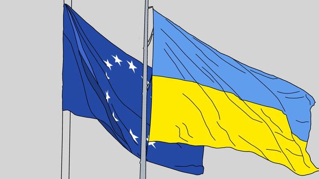 Flag of European union and Ukraina, allies and friendly countries, unity, togetherness, handshake.