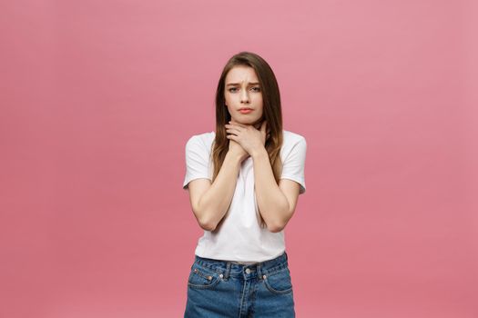 girl suffers from terrible headaches and compresses the head with fingers. Forget and remember something, suffer from illness.