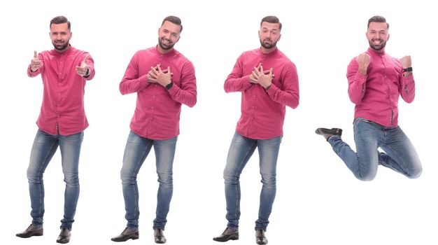 collage of photos of a modern man in a red shirt. isolated on a white background