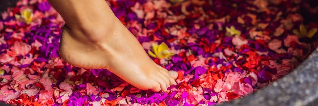 Attractive Young woman in bath with petals of tropical flowers and aroma oils. Spa treatments for skin rejuvenation. Alluring woman in Spa salon. Girl relaxing in bathtub with flower petals. Luxury. BANNER, LONG FORMAT