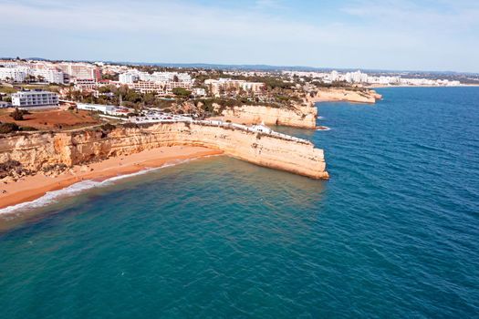 Aerial from the Algarve coastline at Church Senhora de Nossa in Armacao de Pera Portugal