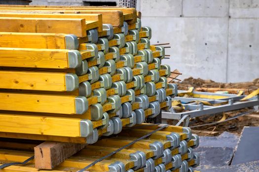 wooden beams a part of the scaffolding. Construction formwork for the casting of monolithic concrete structures.