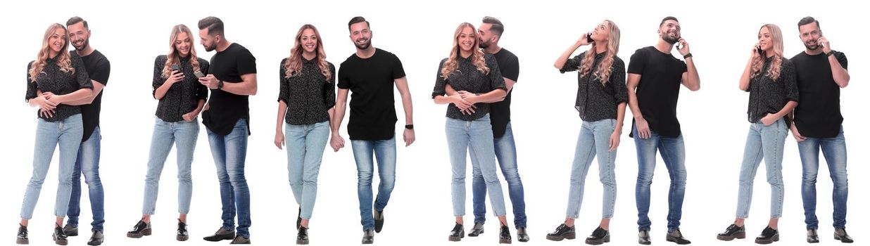 collage of photos of a couple of happy young people . isolated on a white background