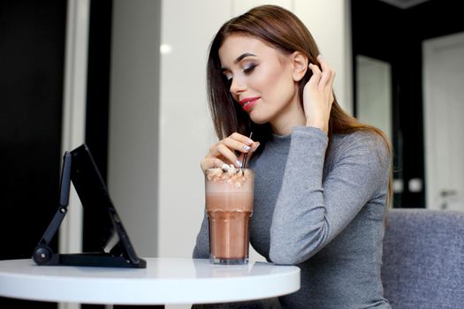 Smiling Woman with Coffee Frappe Drink at the Restaurant - Portrait of a beautiful girl with frappuccino