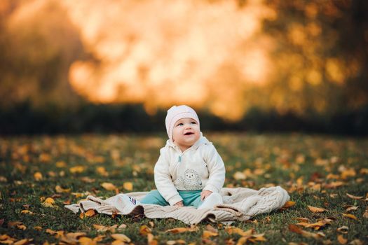 A little girl child in the autumn park smiles, spends time. Beautiful autumn background