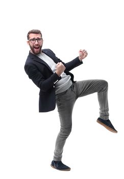 side view. happy successful business man. isolated on white background