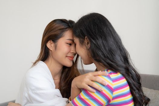 LGBT Lesbian young asian woman couple love moments happiness concept.