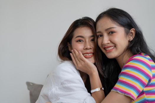 LGBT Lesbian young asian woman couple love moments happiness concept.