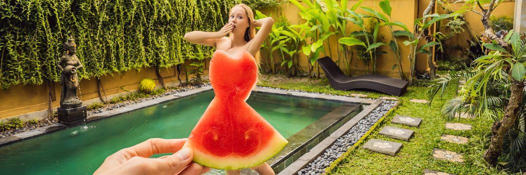 Young woman in a watermelon dress on a pool background. The concept of summer, diet and healthy eating. BANNER, LONG FORMAT