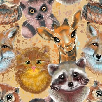 Seamless pattern. Cute fluffy animals kitten giraffe lemur raccoon and owl. Watercolor illustration.