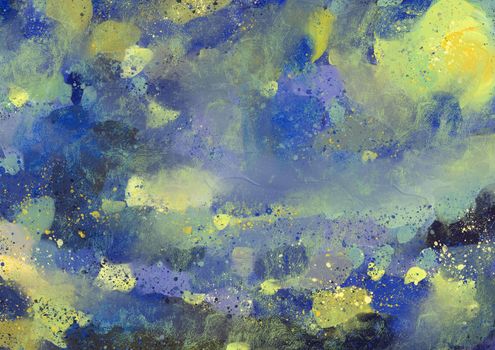 Abstract art oil paints canvas painting grunge complex color blue yellow background. Horizontal painting for a stylish interior based on Van Gogh's Starry Night.