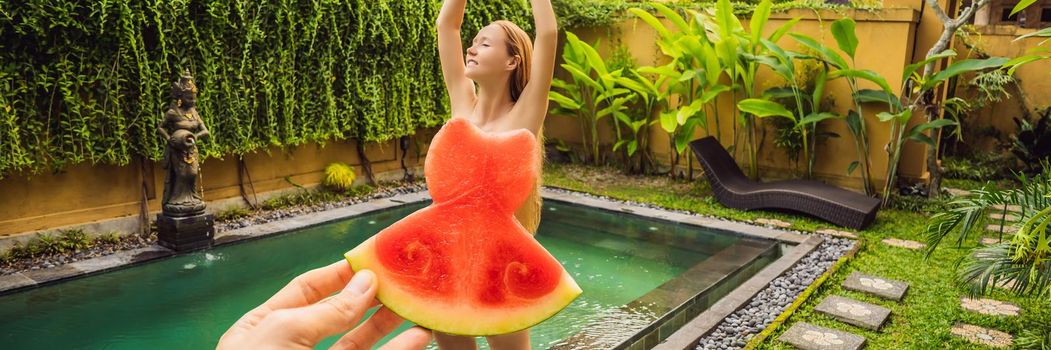 Young woman in a watermelon dress on a pool background. The concept of summer, diet and healthy eating. BANNER, LONG FORMAT