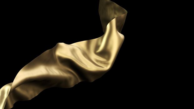 Golden cloth piece of blowing fabric wave elegant textiles. 3d rendered on dark background.