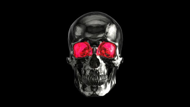 Steel Human Skull with red eyes 3d render