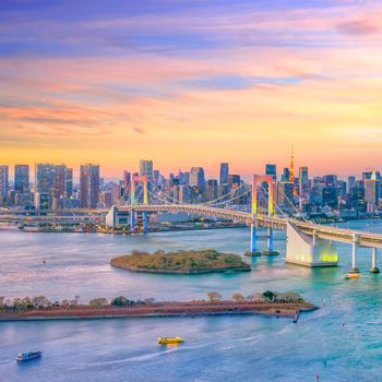 Tokyo skyline with Tokyo tower and rainbow bridge at sunset in Japan