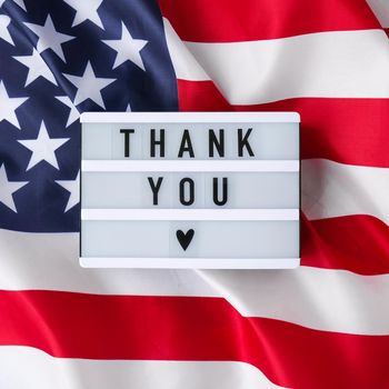 American flag. Lightbox with text THANK YOU Flag of the united states of America. July 4th Independence Day. USA patriotism national holiday. Usa proud. Freedom concept