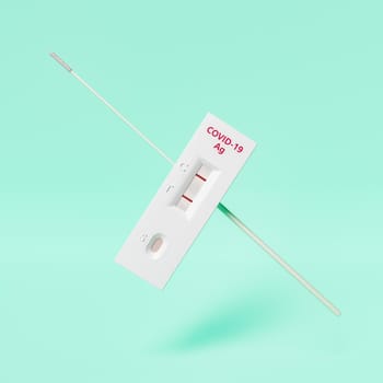 positive antigen test with swab behind floating on minimalistic background. coronavirus concept. 3d rendering