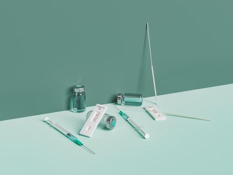 coronavirus immunization tools in a minimalistic scene. vaccination concept. 3d rendering
