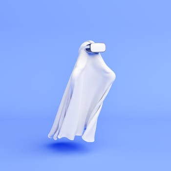 ghost with virtual reality glasses on minimalist blue background. halloween concept, technology and gaming. 3d rendering