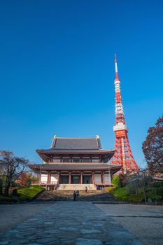 View of Zojoji Temple with Tokyo Tower in background , Japan.

