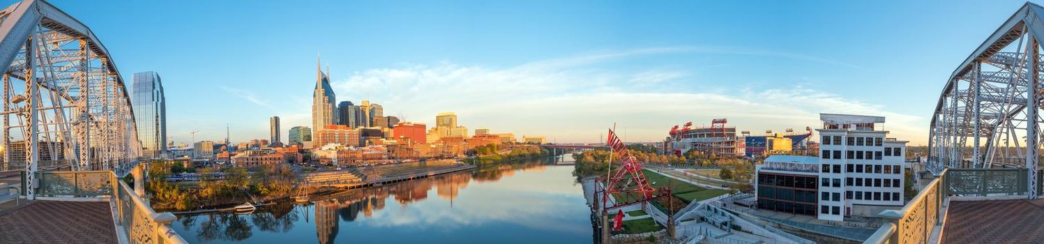Nashville, Tennessee downtown skyline with Cumberland River in USA