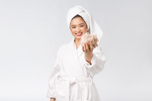 Asian woman being happy with the shower. Studio concept.