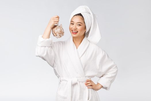 Asian woman being happy with the shower. Studio concept.