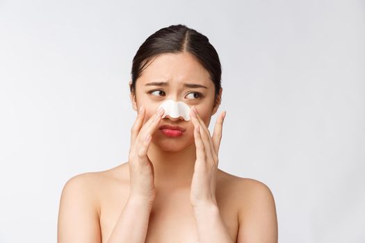 Cosmetology. Portrait Of Beautiful Female Asian Model With Mask On Nose. Closeup Of Healthy Young Woman With Pure Soft Skin And Fresh Natural Makeup