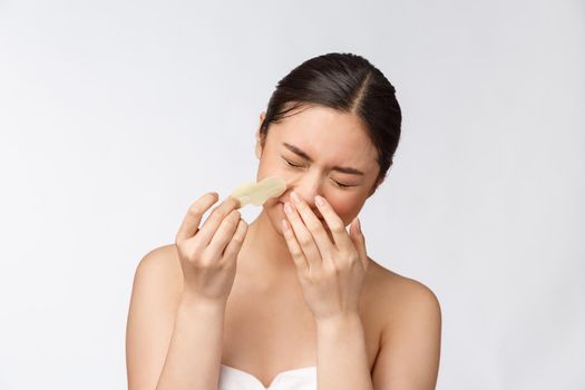 Cosmetology. Portrait Of Beautiful Female Asian Model With Mask On Nose. Closeup Of Healthy Young Woman With Pure Soft Skin And Fresh Natural Makeup