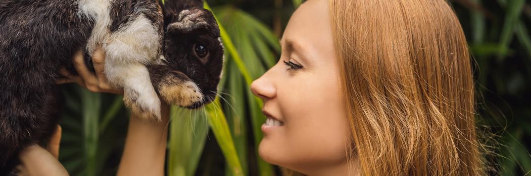 Woman holding a rabbit. Cosmetics test on rabbit animal. Cruelty free and stop animal abuse concept. BANNER, LONG FORMAT