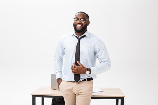 Headshot of successful smiling cheerful african american businessman executive stylish company leader.