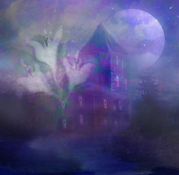Halloween terrible illustration with a ghost in front of a haunted house.