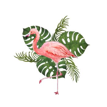 Watercolor hand drawn illustration with pink flamingo bird and tropical green monstera palm jungle leaves on background. Summer vacation holiday concept. Print for card invitation t-shirt decor
