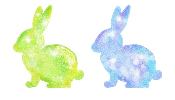 Watercolor Easter bunnies rabbits with shiny shimmering glitter texture, pastel colors green blue design. April spring religious celebration, for cards invitations prints
