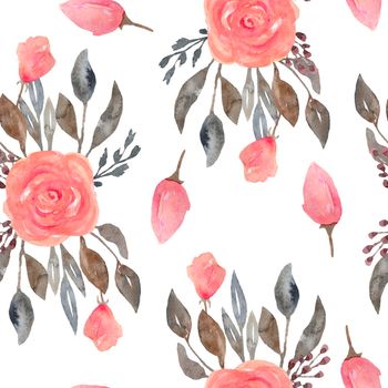 Watercolor seamless pattern of pink blush roses flowers and grey brown neutral faded leaves. Bouquets, petals blossom. Elegant garden blooms for textile wedding invitation cards wallpaper.