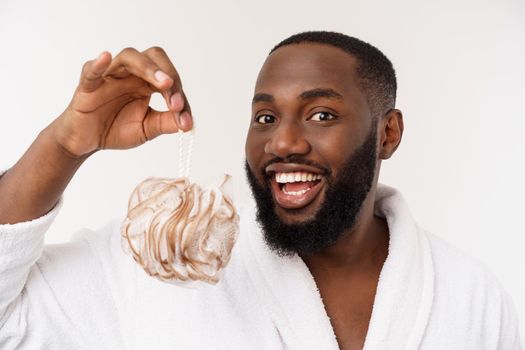 An african-american prepare for taking a shower, isolated on white background.