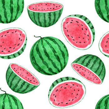 Watercolor hand drawn seamless pattern with watermelon fruit, red green tropical food, bright summer holiday background. Juicy frech natural plant design with geometric elements