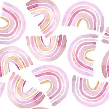 Watercolor seamless hand drawn pattern with pink blush coral rainbow elements. Modern design for children kid wallpaper textile nursery decoration. Soft pastel cute colors for trendy girl kids fashion