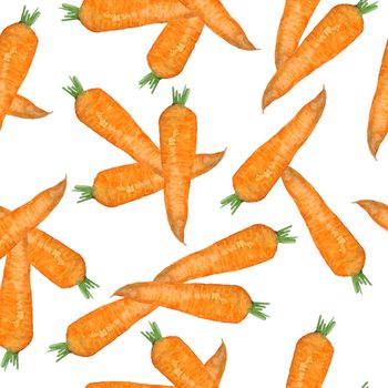 Watercolor seamless hand drawn pattern with orange ripe carrots, organic healthy natural food, vitamins vegetarian vegan. Cooking design illustration, textile wrapping paper wallpaper. Bright harvest