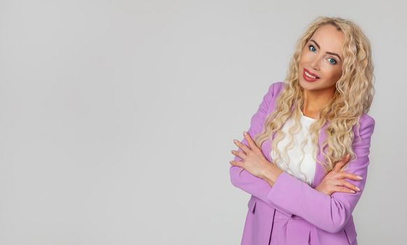 Beauty does not care age. Attractive cheerful middle aged blond woman laughing joyfully feel happiness positive emotions giggle funny entertaining conversation, arms crossed chest relaxed.