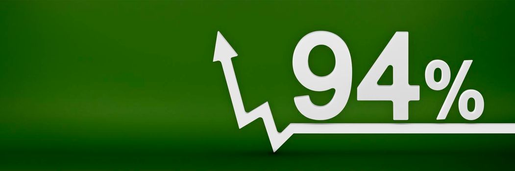 94 percent. The arrow on the graph points up. Rising prices, inflation, increase in income, increase in interest rates, taxes. 3d banner, ninety four percent sign discount on a green background