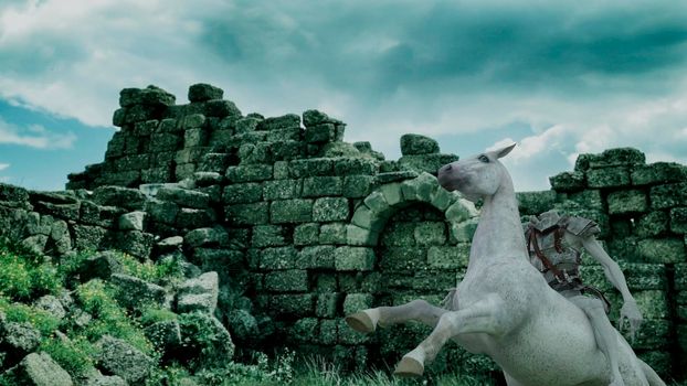 Headless horseman riding a white horse in front of ruins - 3d rendering