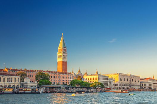 Venice cityscape with San Marco basin of Venetian lagoon water, Procuratie Vecchie, Campanile bell tower, Biblioteca Marciana Library and Doge's Palace Palazzo Ducale building, Veneto Region, Italy