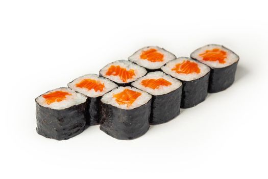 Sushi maki on a white plate. Sushi roll maki with salmon red fish. For the restaurant menu. Close-up.