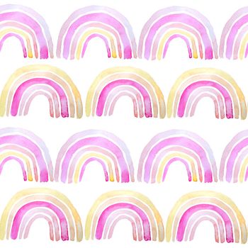 Watercolor seamless hand drawn pattern with bright pink blush coral rainbow elements. Modern design for chil kid wallpaper textile nursery decoration. Soft pastel cute colors for girl kids fashion