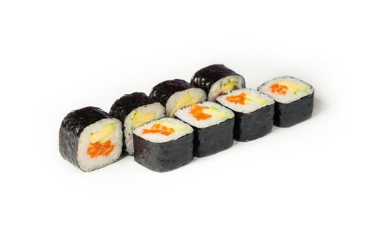 Sushi roll with salmon and avocado on a white plate, classic Japanese sushi. Traditional Japanese food with maki. Delicious pieces of sushi. For the restaurant menu. copyspace.