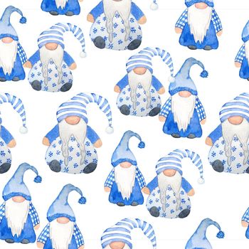 Watercolor hand drawn seamless pattern nordic scandinavian gnomes for christmas decor tree. New year illustration in blue grey cartoon style. Funny winter character north swedish elf in hat beard. Greeting card