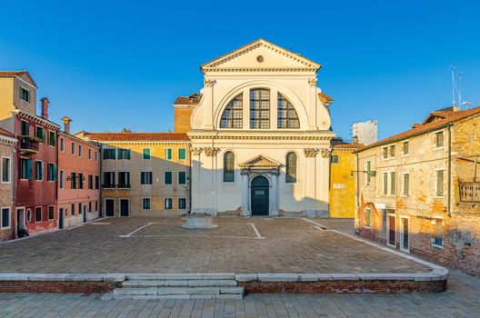 Campo San Trovaso square with Chiesa dei Santi Gervasio e Protasio catholic church in Venice historical city centre Dorsoduro sestiere, Veneto Region, Northern Italy